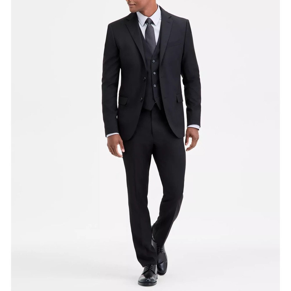 DKNY Men's Black Modern Fit Nested Vested 3 pc Suit 40R 33W 32L